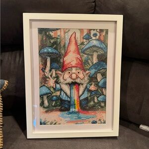 Colorful Gnome Fiber Art in White Frame